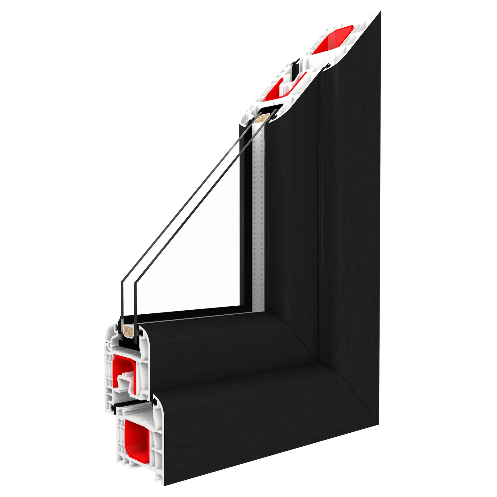 Cutaway of a Drutex IGLO 5 Classic window showing the triple glazing and warm-edge spacer