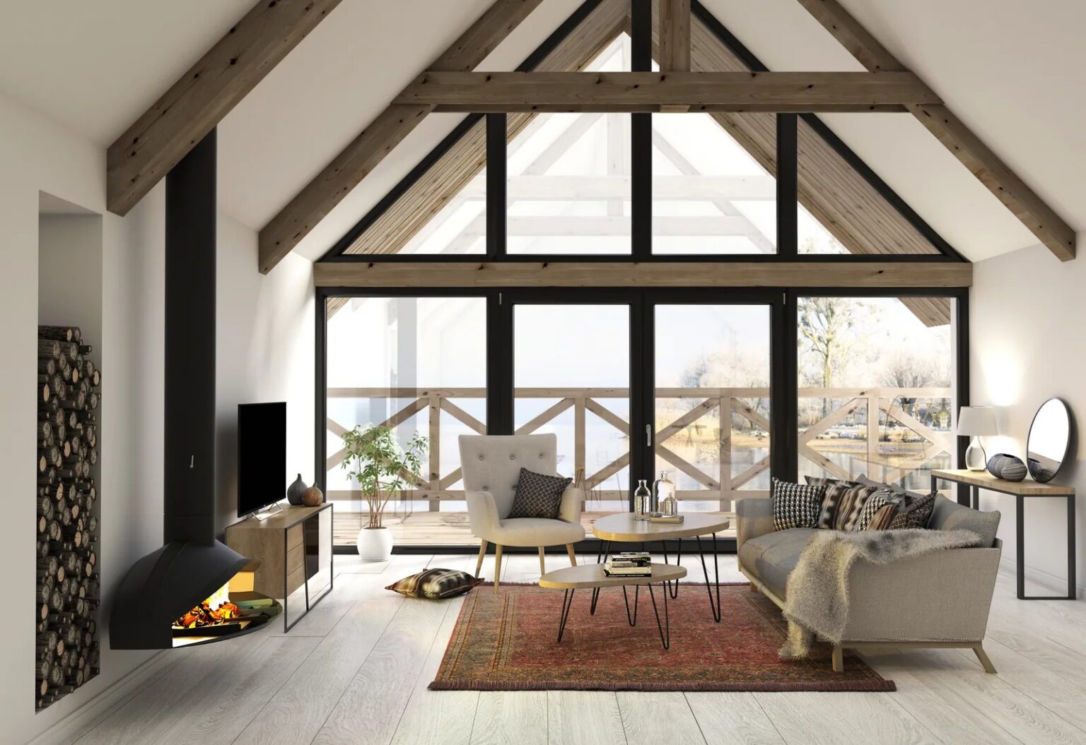 Drutex tilt-and-turn windows and a lift-and-slide patio door in a timber-framed cottage living room, frost on the deck outside