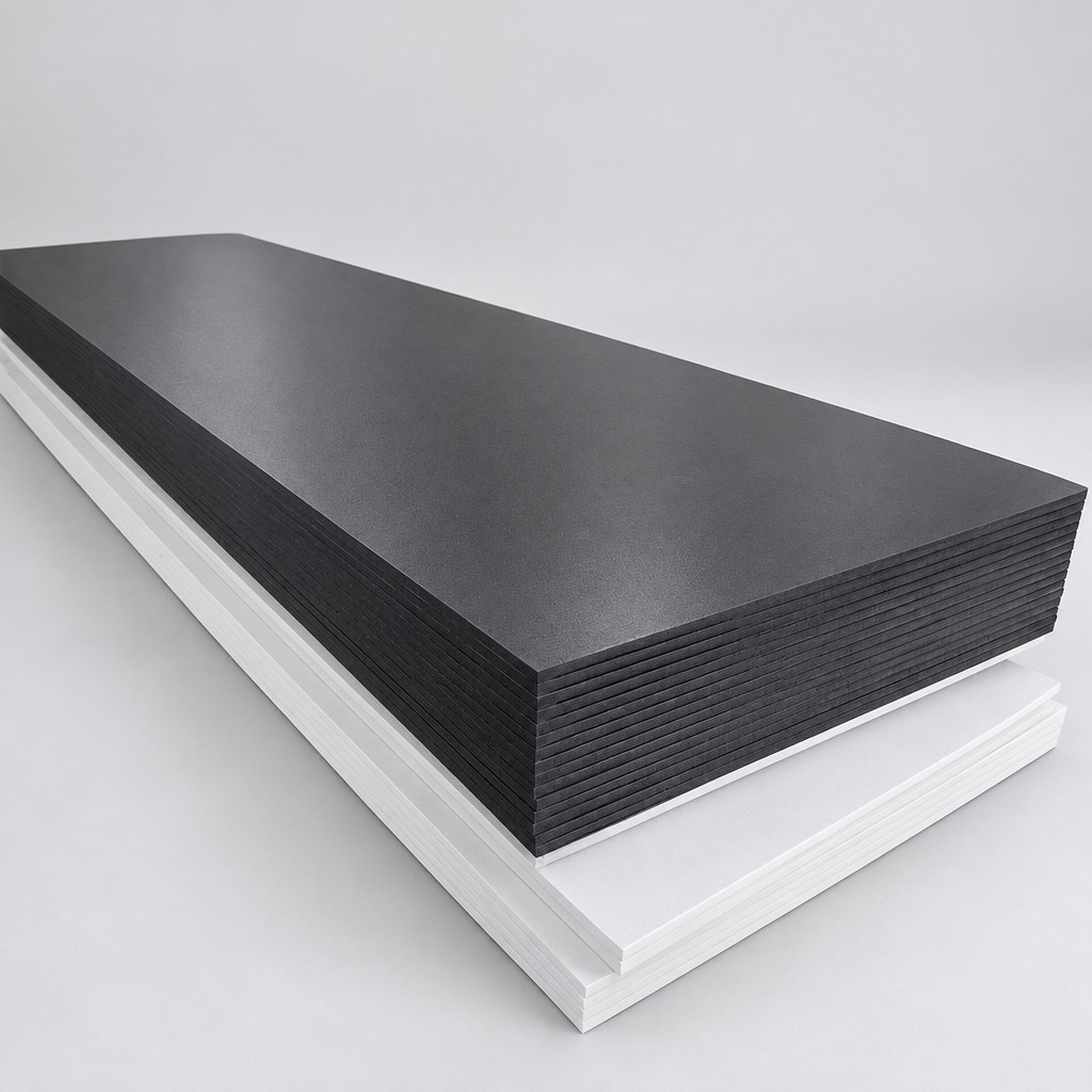 Stack of black cellular PVC foam sheets, 3/4 inch, 4 by 8 feet Stack of black cellular PVC foam sheets, 3/4 inch, 4 by 8 feet