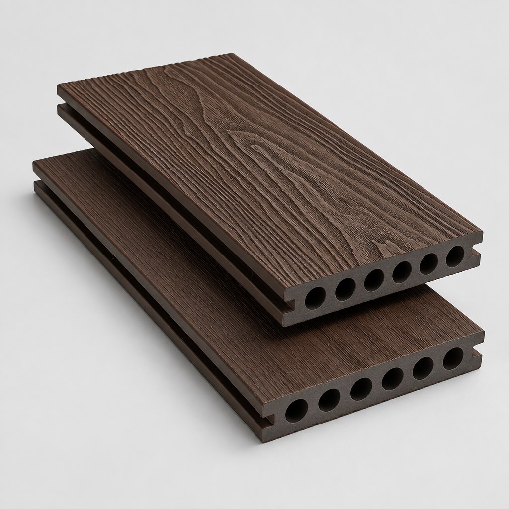 Capped composite deck board in walnut brown, round hollow core, Dragon wood grain Capped composite deck board in walnut brown, round hollow core, Dragon wood grain