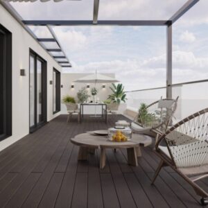 Walnut brown composite decking on a covered roof terrace