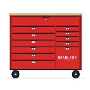 HEADLAND TW-359 workshop trolley in red with black handles, 12 drawers, front view (drawing)