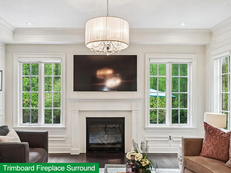 Cellular PVC trim on an interior fireplace surround Cellular PVC trim on an interior fireplace surround